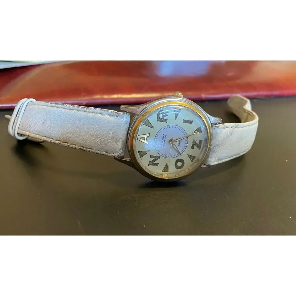 RARE VTG 34mm Arizona Jean Co Watch, Two Tone, White Leather Band